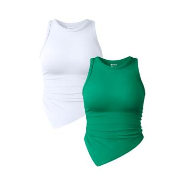 Imagem de OQQ Camiseta regata feminina de 2 peças, franzida, gola redonda, sem mangas, básica, elástica, Verde, branco., M