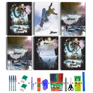 Imagem de Kit 6 caderno espiral sports 96f capa dura + 38 acessórios