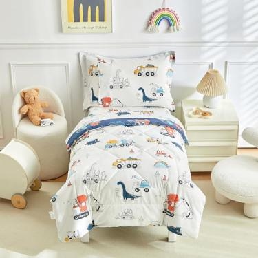 Imagem de DuShow Jogo de cama infantil de 4 peças de algodão, macio, respirável, reversível, dinossauro, carro, inclui edredom acolchoado, lençol de cima, lençol com elástico, conjunto de cama de berço azul