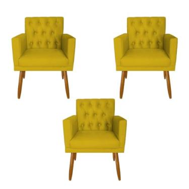 Imagem de Kit 3 Poltronas Capitone Decorativa para Sala de Estar Recepção Sala de Espera estofada pés palito madeira MOBLAN Decor (Amarelo)