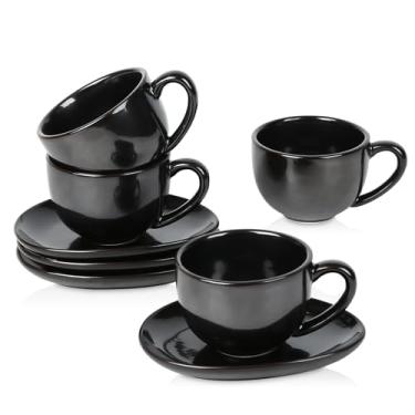 Imagem de vicrays Copos de cappuccino de 184 g com pires, conjunto de 4, xícaras de café de cerâmica para Au Lait, dose dupla, latte, café mocha, chá (preto)