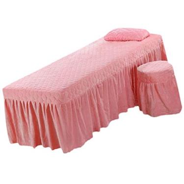 Imagem de Conjunto de saia para cama de mesa de massagem rosa jade de luxo - linho profissional para salão de beleza com superfície de veludo macio e confortável - perfeito para esteticistas, hotéis e camas de