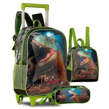 Imagem de Mochila De Rodinhas + Lancheira + Estojo T Rex Attack Verde