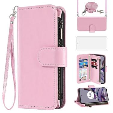 Imagem de Asuwish Capa de celular para Motorola Moto G53 5G/G13/G23 carteira com protetor de tela de vidro temperado, alça transversal flip zíper suporte para cartão TPU slot suporte G 13 23 4G 53G 53 mulheres