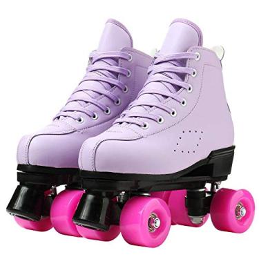 Imagem de Patins para mulheres e homens, sapatos de cano alto, clássicos de duas fileiras, patins de quatro rodas para homens e meninas, unissex (roxo, 39 = EUA: 7)