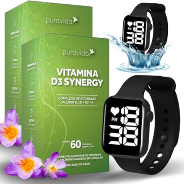 Imagem de Kit 2x Vitamina D3 Synergy Puravida 60 caps Synergy Pura Vida Acompanha Relógio Esportivo Aprova D'agua Preto
