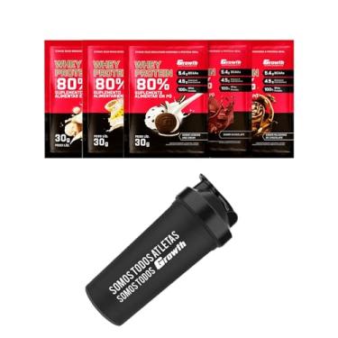 Imagem de Combo - Whey Protein Concentrado 30g em Sachê (5un - Chocolate, Beijinho, Cookies and Cream, Milkshake de Chocolate e Mousse de Maracujá) + Coqueteleira 600ml Preta - Growth
