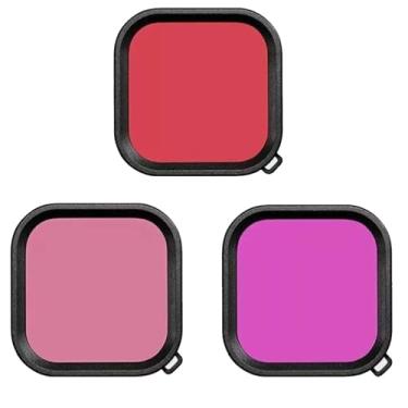 Imagem de Pacote com 3 filtros de mergulho para GoPro Hero 12, 11, 10, 9, capa protetora de lente preta em vermelho, vermelho claro/magenta, acesso profissional à fotografia com correção de cores para mergulho