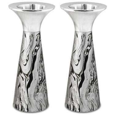 Imagem de Conjunto de castiçais Zion Judaica moderno versátil serve para velas de shabat afuniladas de 2,7 cm de espessura ou velas de tealight, decalque de mármore, suporte de castiçal de prata para decoração