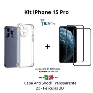 Imagem de Kit 2 Películas 3D Vidro + Capa Capinha Transparente para Iphone 15 Pr