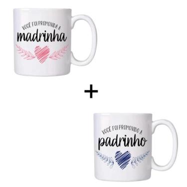 Imagem de Kit De 2 Canecas Porcelana 310ml Madrinha Padrinho Batizado Casamento 