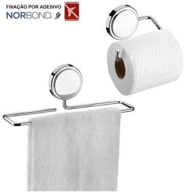 Imagem de Kit Toalheiro Rosto Porta Toalha Suporte Papel Higiênico Adesivo Dupla