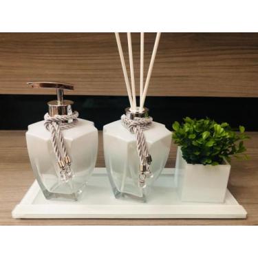 Imagem de Kit Jogo Para Banheiro Porta Sabonete Prata Difusor Vaso Suculenta - A