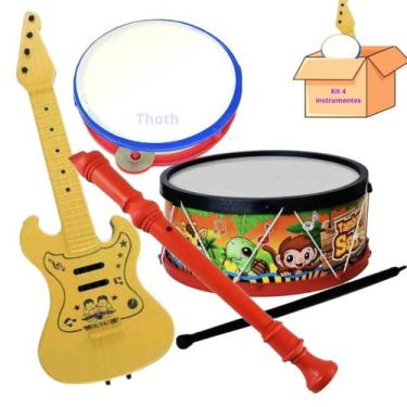 Imagem de Kit 4 Instrumentos Musicais Infantil Tambor Pandeiro Flauta - Dutati