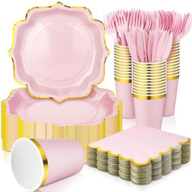 Imagem de Gejoy 144 peças de decoração de chá de panela, suprimentos de festa de chá de bebê, incluindo pratos de papel descartáveis, copos e conjuntos de guardanapos com garfos de plástico, facas, colheres