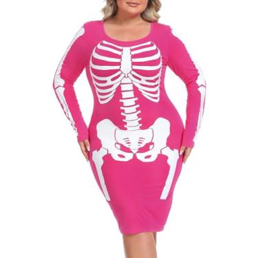 Imagem de HDE Womens Plus Size Skeleton Dress Fun Spooky Halloween Costume Stretchy Long Sleeve Midi Bodycon Dress Fitted Party Outfit Hot Pink - 3X