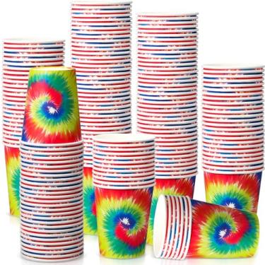 Imagem de FillTouch Pacote com 100 copos tie dye de 255 g Tie Dye decoração de festa de aniversário copos de papel tie dye papel bebida fria copos de café descartáveis suprimentos para festa de aniversário tie