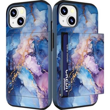 Imagem de IWONE Capa compatível com iPhone 14/15 Plus fofa com porta-cartões Slim Slot Phone 14/15 Plus capa carteira para mulheres/azul mármore natural redemoinhos pintura abstrata