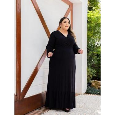 Imagem de Vestido Longo Plus Size Manga Longa Lastex na Cintura - luh may, Preto