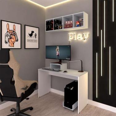 Imagem de Escrivaninha com Nicho e 2 Suportes Buzy Cinza Cristal e Branca - Bram