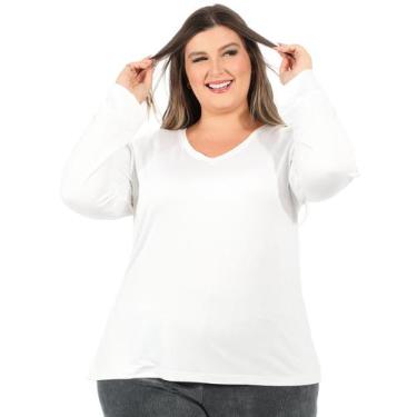 Imagem de Blusa Plus Size Anistia Feminina Decote V. Manga Longa Branca, G1