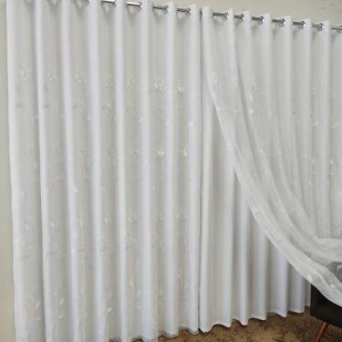 Imagem de Cortina Para Janela Porta Bordada Branca Voil Voal Com Forro Sala 5,00