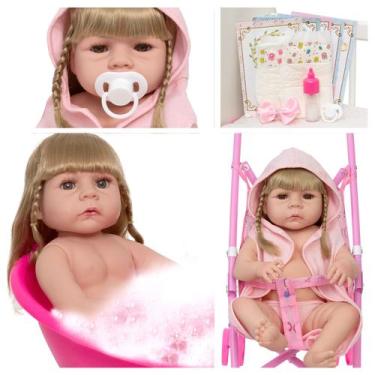 Imagem de Bebê Tipo Reborn Com Carrinho Corpo de Vinil Pode Dar Banho - Cegonha 
