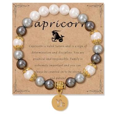 Imagem de GLMOCM Pulseira de Signos do Zodíaco, Pulseira Elástica com Contas Brancas e Cinzas, Ajustável, 12 Constellations, Fecho Garra de Lagosta, Unissex, Branco e Cinza