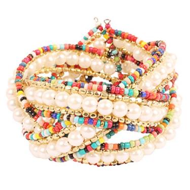 Imagem de Touchstone Pulseira indiana de contas coloridas de Bollywood com contas de metal batidas, pulseira larga aberta em tom dourado ou branco para mulheres., 8 inch, Contas de liga e vidro, Sem Pedra