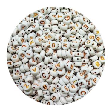 Imagem de 600 Miçangas de letras do alfabeto p pulseiras e colares (Branco e dourado)