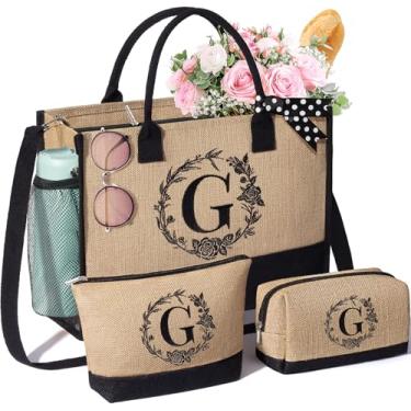 Imagem de MAYICIVO sacola de presentes de natal personalizados para mulheres, sacola de juta inicial e bolsas de maquiagem bolsa de praia com monograma com zíper, presentes de aniversário para mulhere