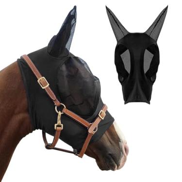 Imagem de HUIKANGSHENG Máscara de mosca de cavalo com orelhas adequada para pônei - Máscara de mosca equina para cavalos com proteção contra a luz solar, grande espaço para os olhos com tecido elástico