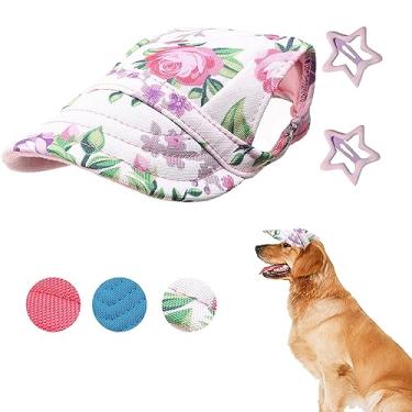 Imagem de Chapéu fofo para animais de estimação com orifícios de orelha, cordão ajustável, chapéu de cachorro, viseira de sol, proteção UV, chapéu de pato para cães pequenos e médios, boné de beisebol para cães