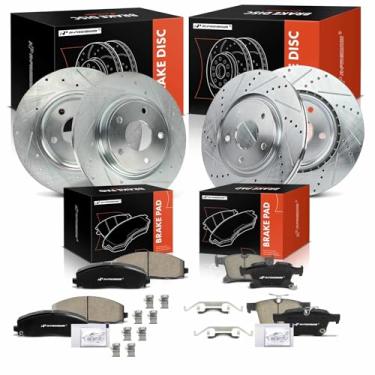 Imagem de A-Premium Rotores de freio a disco perfurado dianteiro e traseiro + kit de pastilhas de cerâmica compatível com modelos selecionados Chrysler - Pacifica 2017 2018 2019 2020, conjunto de 12 peças