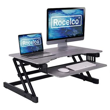 Imagem de Rocelco Conversor de mesa ajustável de altura de 81,28 cm - Suporte rápido de monitor duplo com suporte de mola de gás - Suporte de mesa para computador de mesa - Bandeja de teclado retrátil grande - Cinza (R ADRG)