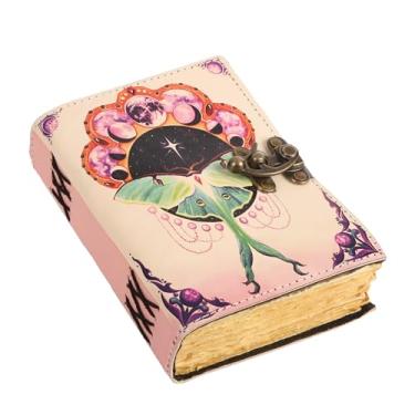 Imagem de TUZECH Livro de feitiços de couro encadernado com borda de baralho, papel Grimório impresso, caderno de terceiro olho, espiral gótico, antigo, livro vintage para homens e mulheres (rosa Luna Moth)
