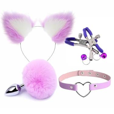 Imagem de Kit Sensual com Plug Anal Pompom, Gargantilha, Tiara Gatinho e Grampo para Seios Lilás Branco