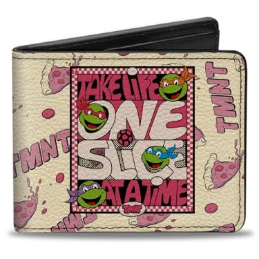 Imagem de Buckle-Down Nickelodeon Carteira dobrável, Tartarugas Ninja Teenage Mutant Take Life One Slice at a Time, couro vegano, Bege/vermelho, 4.0" x 3.5", Casual