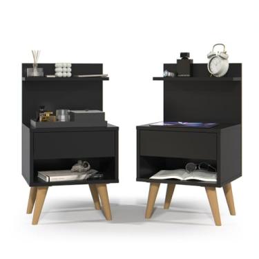 Imagem de Kit 2 Mesa de Cabeceira Quarto Mesinha Apoio Lateral Cama Box Casal Estilo Nicho Decoração Retrô Sleep 1 Gaveta (Preto)