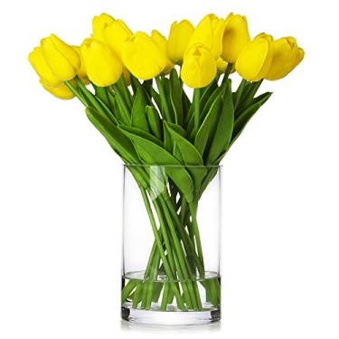 Imagem de Enova Floral 20 peças de tulipas artificiais amarelas de toque real em vaso, arranjos de tulipas falsas com vaso e água sintética para decoração de casa e casamento, mesa de jantar (amarelo)