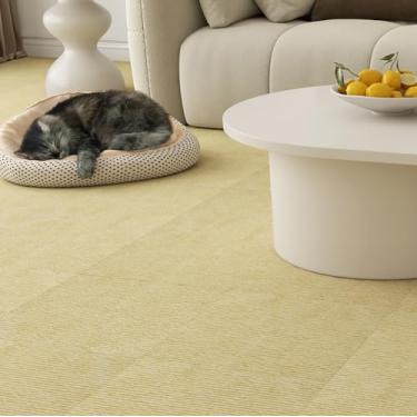 Imagem de Livelynine 16 azulejos bege azulejos de carpete com enchimento autoadesivo quadrados para porão quarto cola piso azulejo restos de carpete 30,5 x 30,5 cm telhas creme amigável para locatários