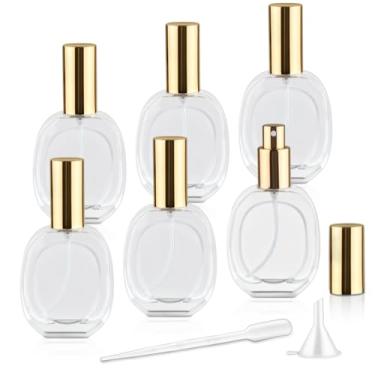 Imagem de 6 frascos de spray de vidro de 50 ml/48.2 g, atomizador de perfume vazio, recipiente de spray recarregável com bomba de névoa fina para viagem de óleo essencial de fragrância, tampa dourada