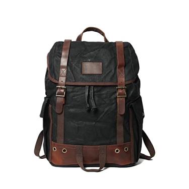 Imagem de Mochila de viagem clássica de grande capacidade para homens Mochila de lona encerada de qualidade para caminhadas ao ar livre mochila masculina(Black)