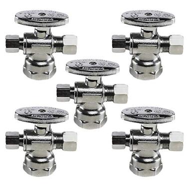 Imagem de Midline Valve 86311QS-OM-5 Válvula de parada angular de fonte de água; tomada dupla; roda de 1/2" FIP x 3/8" x 3/8" de compressão; latão cromado (pacote com 5)