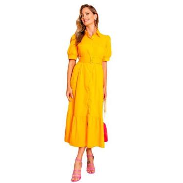 Imagem de Vestido feminino manga curta midi com cinto e saia evase em crepe eleg