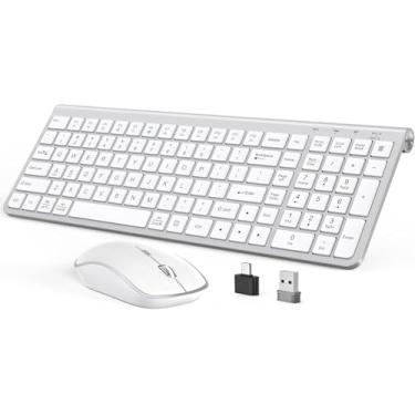 Imagem de JOYACCESS Teclado e mouse sem fio, ergonômico, à prova de poeira e portátil, com teclado numérico, mouse de computador DPI ajustável para laptop, PC, Windows - branco prateado