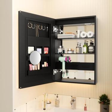 Imagem de Armário de espelho de banheiro, 50 x 76 cm, armário de medicamentos com armazenamento particionado, espelho de banheiro montado na parede, design inteligente de três botões com prateleira para secador