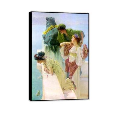Imagem de Impressão emoldurada preta A Coign of Vantage por Lawrence Alma Tadema Prints, reprodução de pintura a óleo, impressão giclée em tela, arte de parede pronta para pendurar para decoração de quarto de