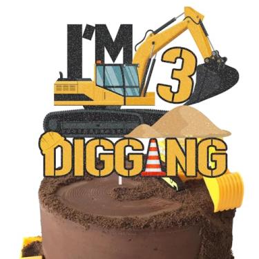 Imagem de HMCON Construction 3rd Birthday Cake Topper for Kids Boy Girl Excavator Forklift Dump Bulldozer Road Roller Engineering Truck Themed Third Birthday Party Supplies