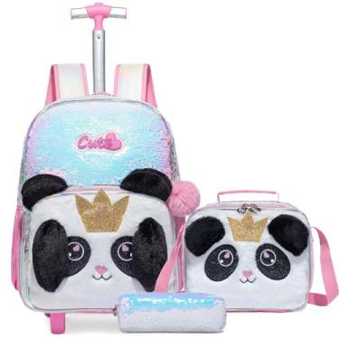 Imagem de Egchescebo Mochila Escolar Infantil com Rodinhas para 17” Meninas e Crianças Rodas Bolsa Mala Carrinho 3PCS Lancheira Juvenil Estojo Costas Viagem Adequado Meninas Adolescentes de Pelúcia Gatos Rosa